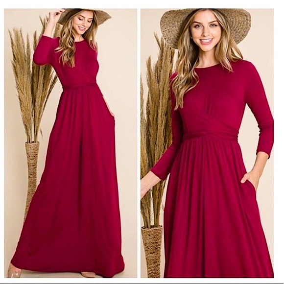 Penna&Pine Dresses & Skirts - Burgundy Front Twist 3/4 Sleeve Boho Maxi Dress